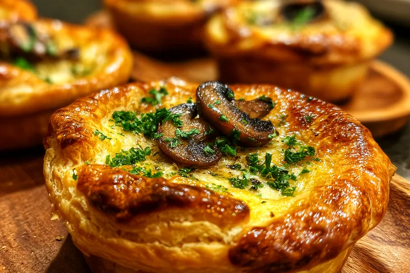 A colorful arrangement of fresh mushrooms, onion, garlic, and puff pastry ingredients ready for the recipe.