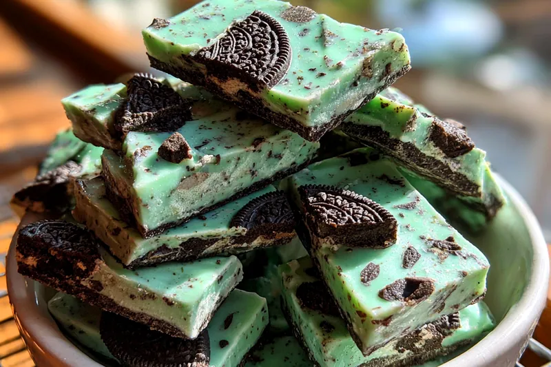 A variety of ingredients for Mint Oreo Chocolate Bark, including dark and white chocolates, Mint Oreos, and sprinkles.