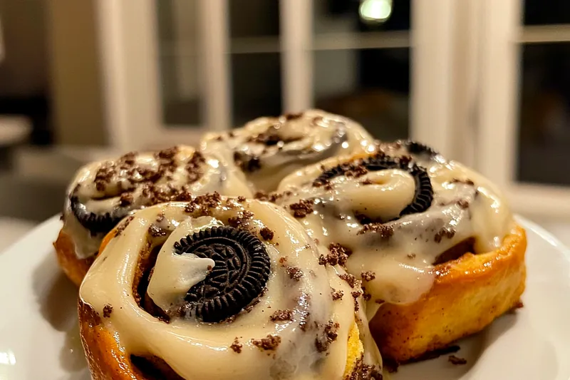 A selection of ingredients used to make Oreo Cinnamon Roll Delight, including Oreo cookies, cream cheese, and cinnamon roll dough.