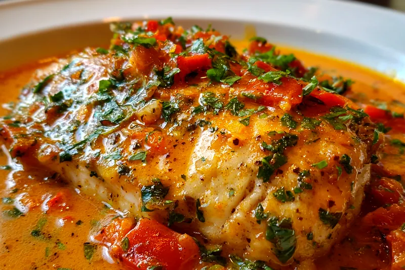 Fresh sea bass fillets, cherry tomatoes, cream, white wine, garlic, and fresh herbs arranged on a marble countertop