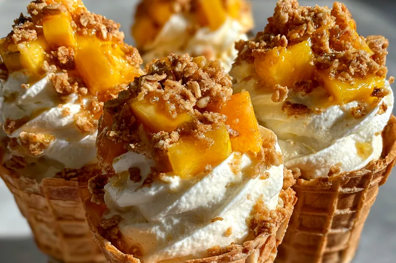 Fresh ingredients for Peach Cobbler Cheesecake Cones