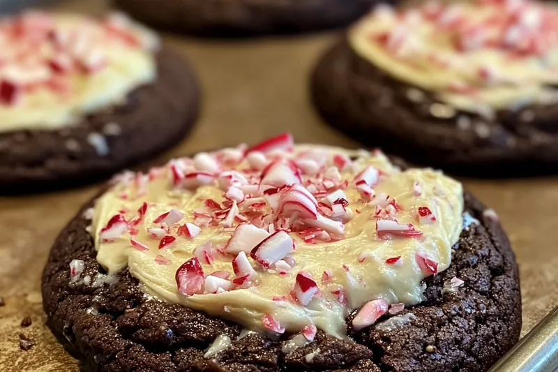 A display of ingredients for Festive Peppermint Bark Cookies including butter, sugars, chocolate, and candy canes.