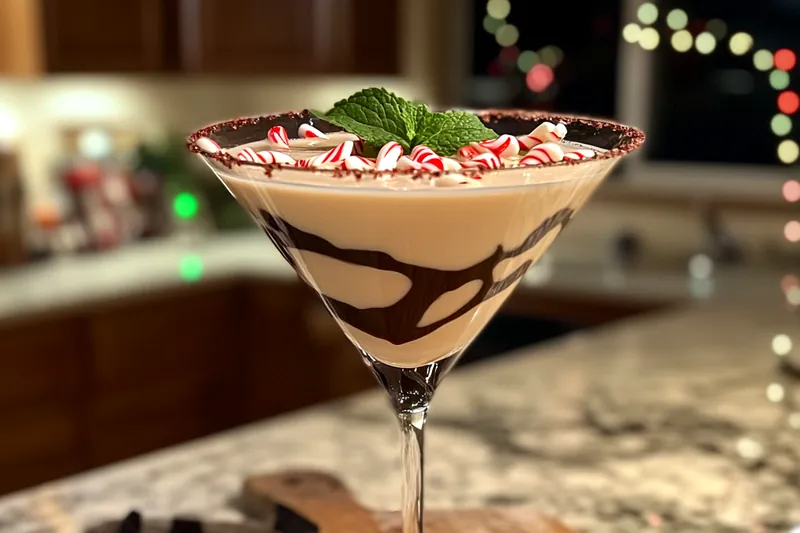 A step-by-step process of mixing the ingredients for Festive Peppermint Bark Martini.