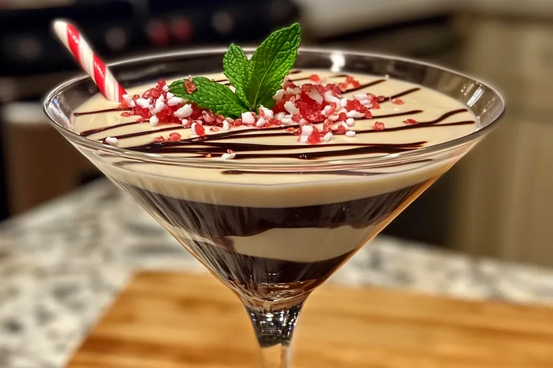 A beautifully arranged display of ingredients for Festive Peppermint Bark Martini.