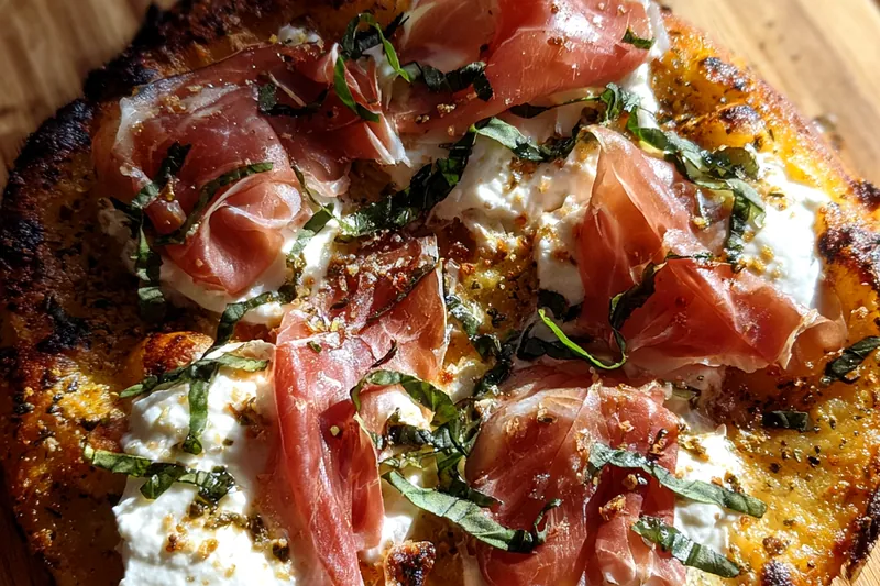 Cooking process for Prosciutto Basil White Pizza