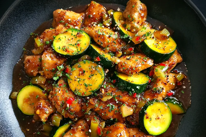 A close-up of the stir-fry cooking in the skillet, showcasing the vibrant colors and textures of the chicken and vegetables.