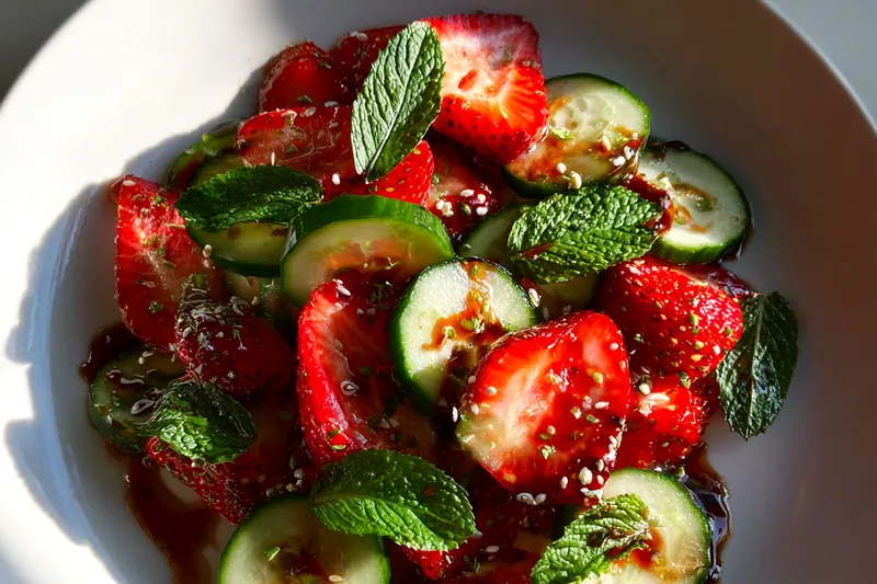 Fresh ingredients for Refreshing Strawberry Cucumber Salad