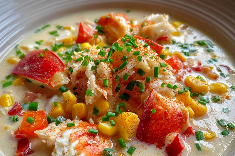 A pot of Rich and Creamy Crab Chowder simmering on the stove, showcasing fresh ingredients.