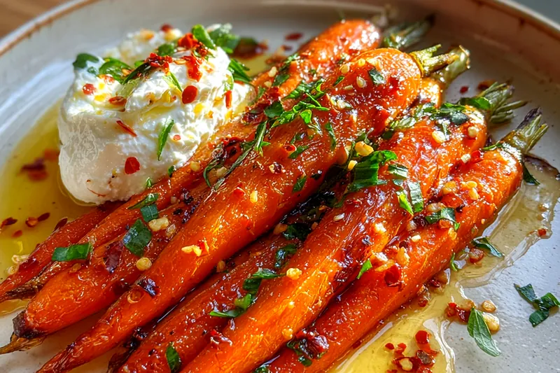 Chef drizzling creamy ricotta over perfectly roasted carrots in a rustic kitchen.