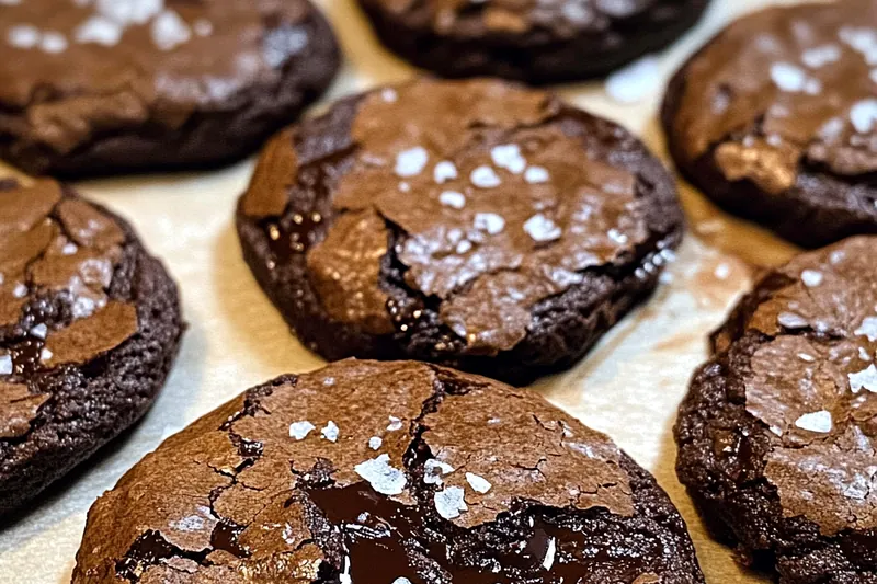 A vibrant arrangement of ingredients for Decadent Salted Brownie Cookies, including butter, eggs, chocolate chips, and cocoa powder.