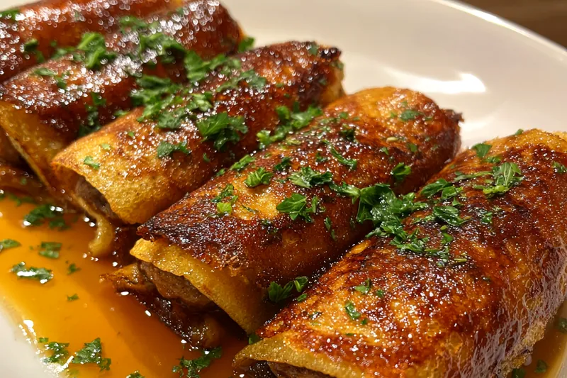 A skillet with golden brown Savory Sweet Breakfast Roll-Ups being toasted to perfection.