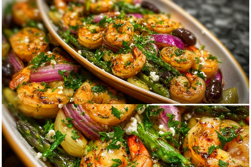 A vibrant display of fresh shrimp and asparagus ready for cooking.