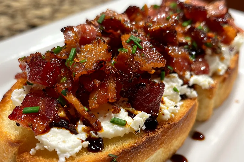 A skillet with Savory Bacon Goat Cheese Toast being prepared, showcasing the delicious melting cheese and crispy bacon.