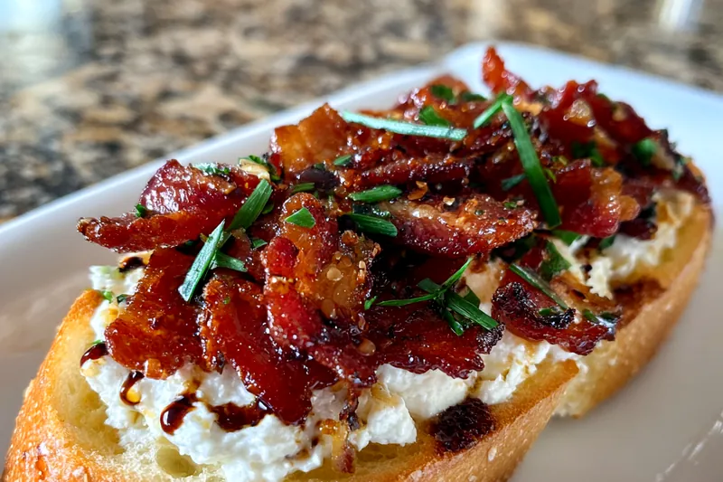 An organized display of all ingredients needed for Savory Bacon Goat Cheese Toast, including bread, bacon, and cheese.