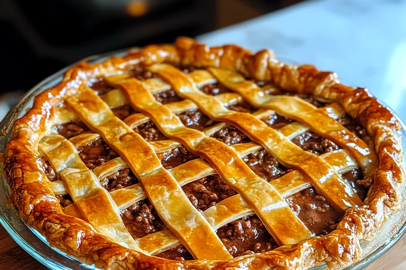 A step-by-step cooking process of Savory Beef Tourtière Delight, showing the filling being prepared and the pie being assembled.