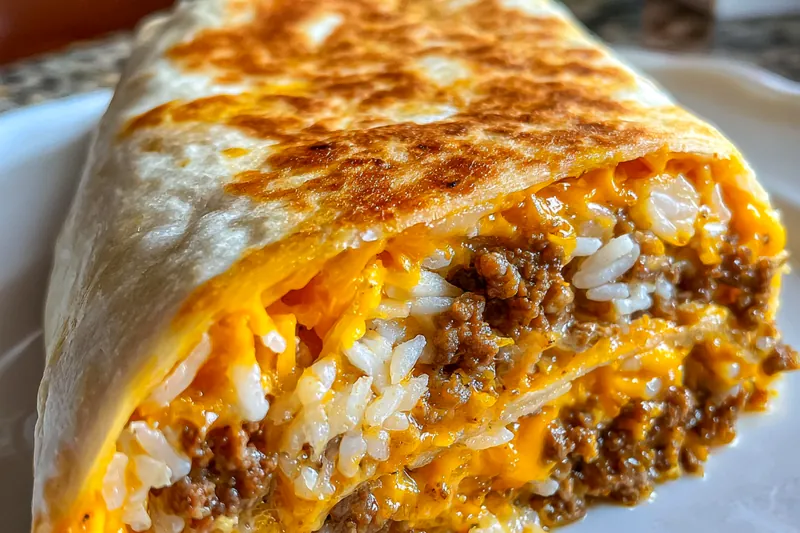 Cooking the Savory Beefy Melt Burrito in a skillet, showcasing the golden brown exterior and melted cheese.