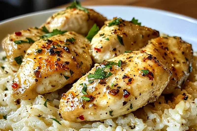 Chef stirring the savory garlic sauce while cooking the chicken for Savory Chicken Scampi Delight.