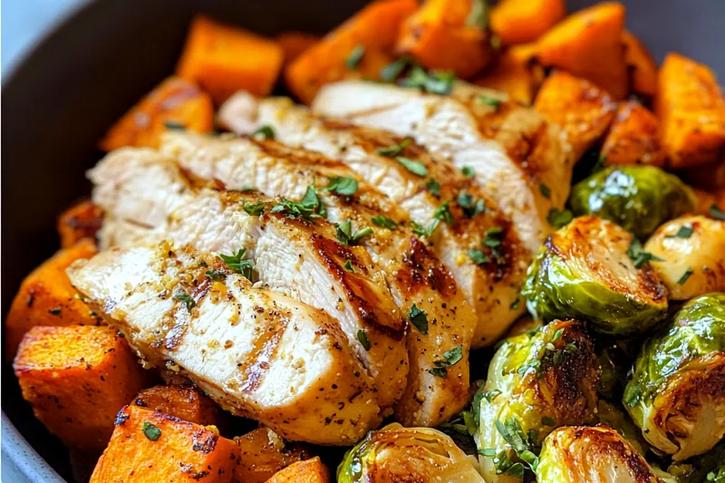 Fresh ingredients for Savory Chicken & Sweet Potato Bowl, including chicken, sweet potatoes, and colorful vegetables.