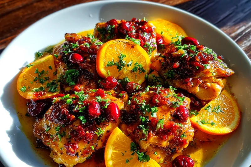 The cooking process of Savory Cranberry Orange Chicken in progress, showing chicken sautéing in a skillet with sauce.
