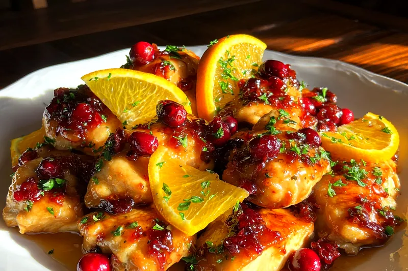 A selection of fresh ingredients for Savory Cranberry Orange Chicken, including chicken, cranberries, and oranges.
