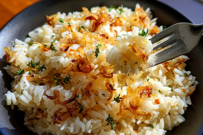 A step-by-step process of cooking Savory French Onion Rice Delight, showcasing the caramelization of onions and the melting of cheese.