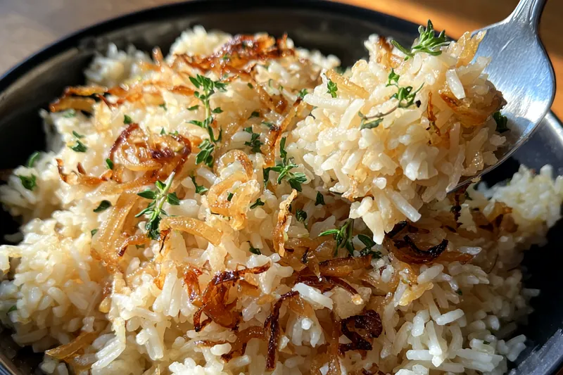 A vibrant display of fresh ingredients for Savory French Onion Rice Delight, including onions, rice, and cheese.