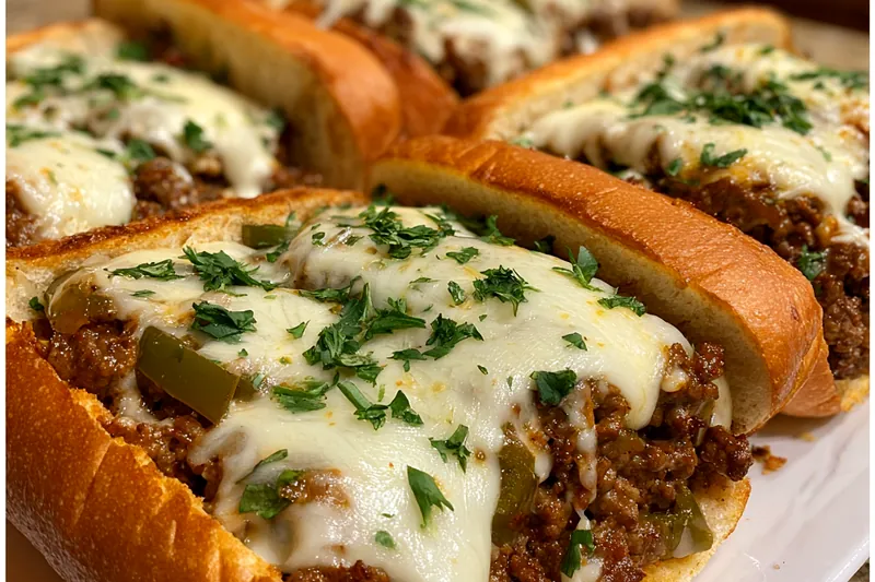 A colorful display of fresh ingredients for Savory Ground Beef Cheesesteaks including beef, cheese, and vegetables.