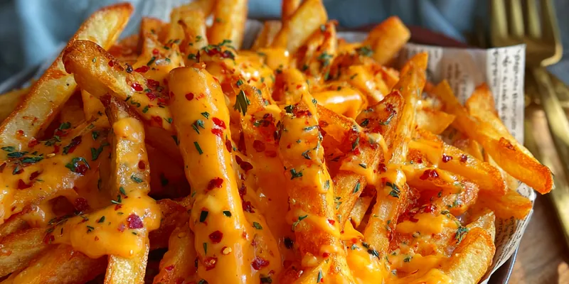 Delicious Savory Loaded Cheese Fries served on a plate