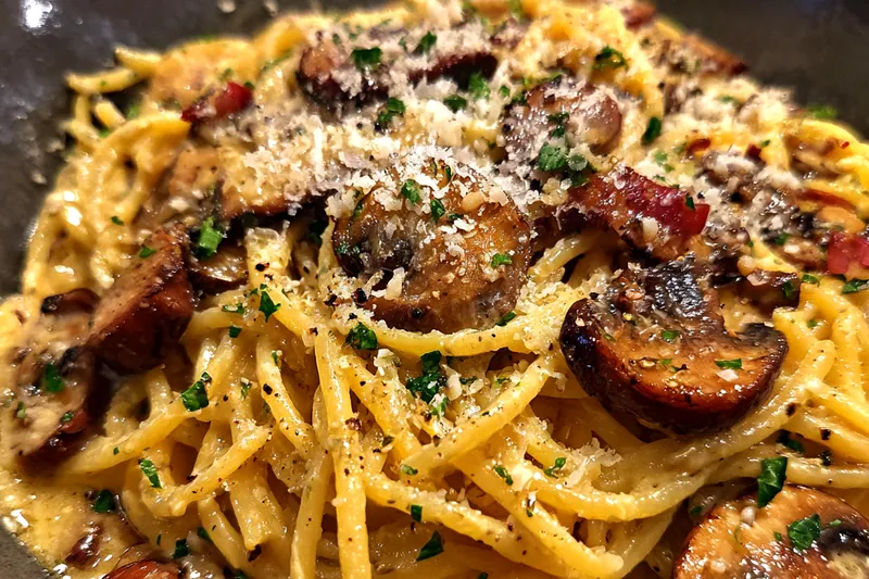 Cooking process for Savory Mushroom Gruyere Pasta