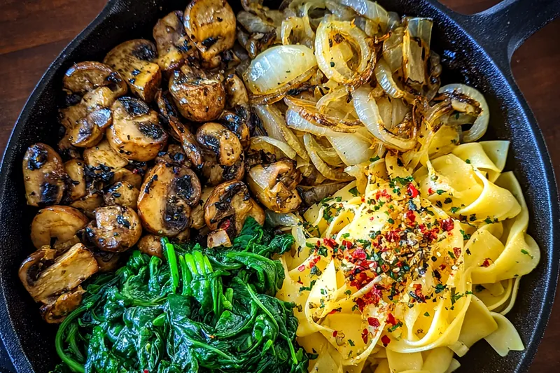 Fresh ingredients for Savory Mushroom Spinach Pasta