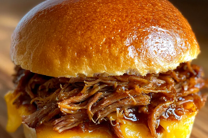 Cooking process for Savory Pulled Beef Sandwich