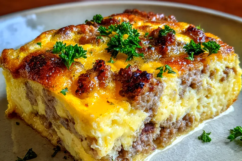 A beautiful layout of ingredients for Savory Sausage Egg Bake, including sausage, eggs, cheese, and vegetables.