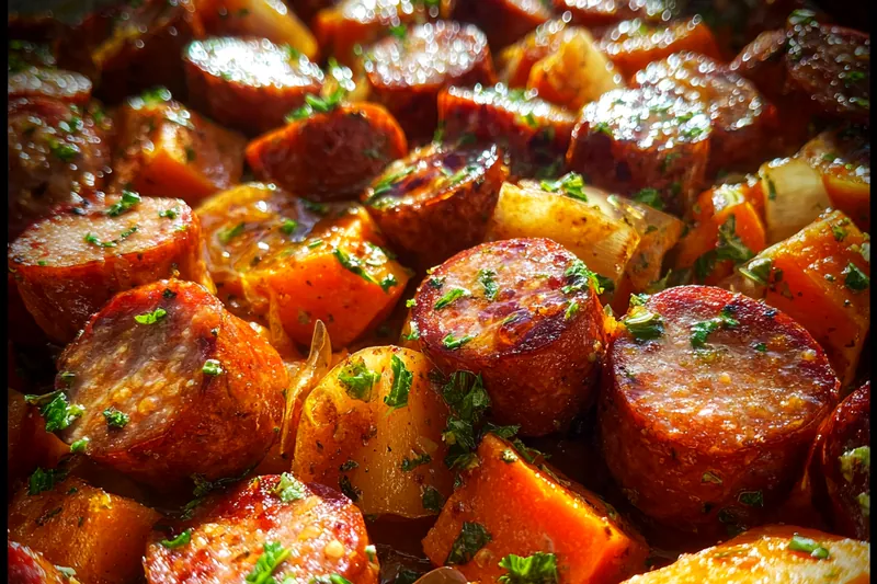Cooking process for Savory Sausage Sweet Potatoes