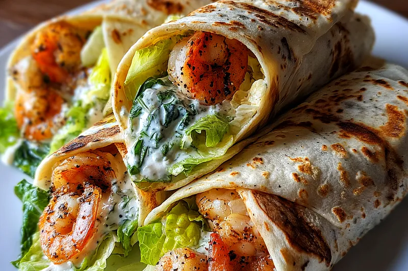 Ingredients laid out for Savory Shrimp Caesar Wraps, including shrimp, lettuce, tomatoes, and Caesar dressing.