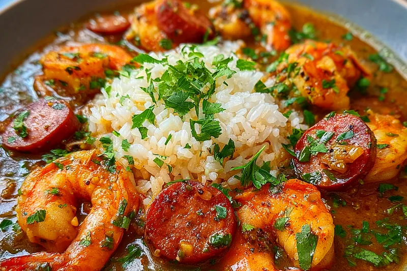 A pot of Savory Shrimp Sausage Gumbo simmering on the stove, bubbling with flavor.