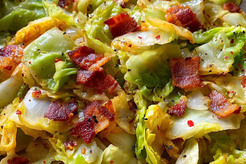 A colorful array of fresh ingredients for Savory Southern Fried Cabbage, including cabbage, bacon, and spices.