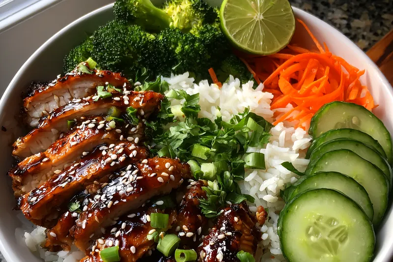 The cooking process of Savory Sticky Chicken Bowls, showing the chicken browning in a skillet.
