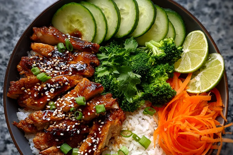 A vibrant display of fresh chicken, colorful bell peppers, and broccoli prepared for Savory Sticky Chicken Bowls.