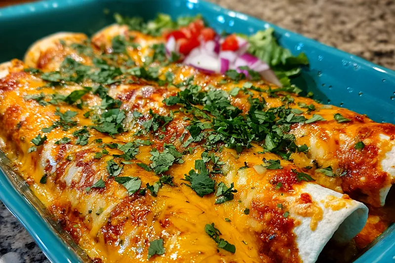 A cooking process image showing Savory Vegetarian Enchiladas being assembled and baked.