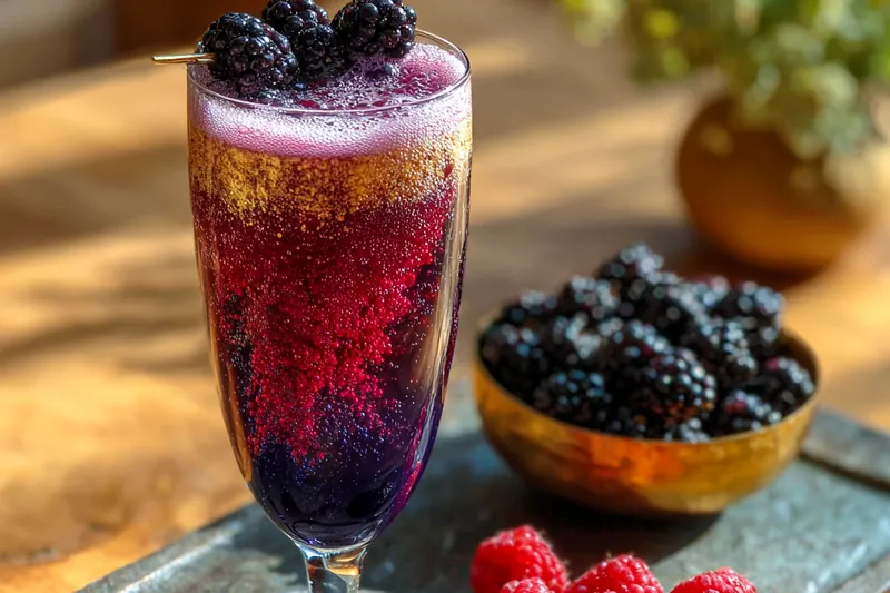 A collection of fresh blackberries, mint leaves, and cocktail ingredients on a wooden table.
