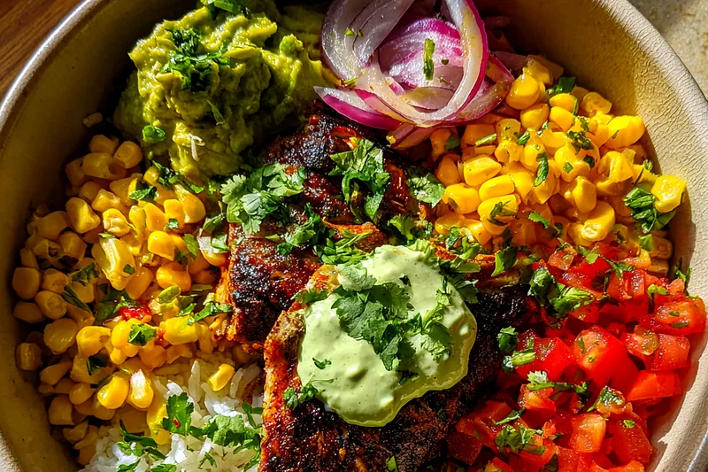 Fresh ingredients for Spicy Blackened Fish Bowl