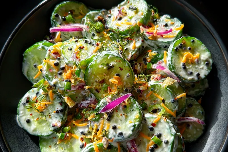 Fresh ingredients for Spicy Cucumber Cheese Salad