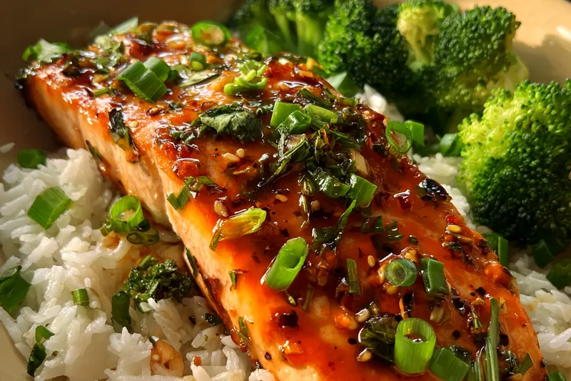 Chef Mitchell skillfully baking the Spicy Glazed Salmon in a hot oven.