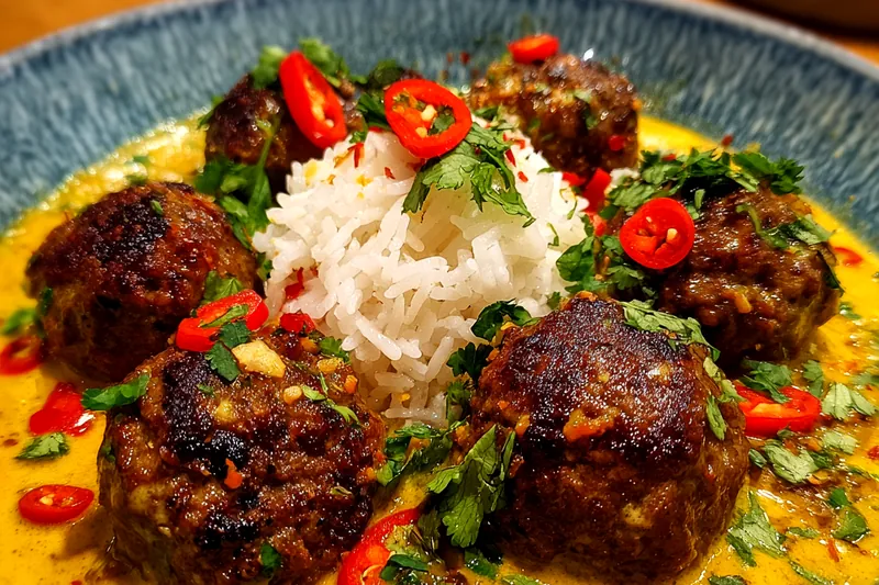 A colorful display of ingredients for Spicy Jerk Meatballs Delight, including ground beef, breadcrumbs, and spices.