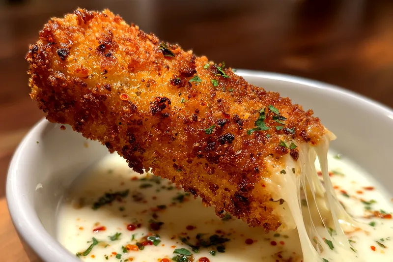 A pot of hot oil with mozzarella sticks frying to golden perfection.