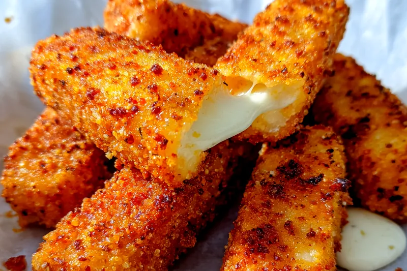 A chef frying Spicy Nashville Mozzarella Sticks in hot oil until golden brown.
