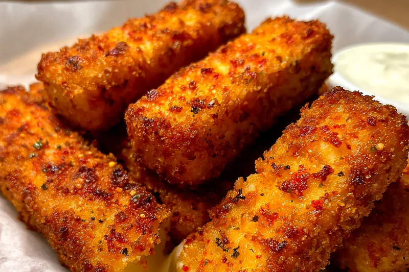 A display of ingredients for Spicy Nashville Mozzarella Sticks including cheese, breadcrumbs, and spices.