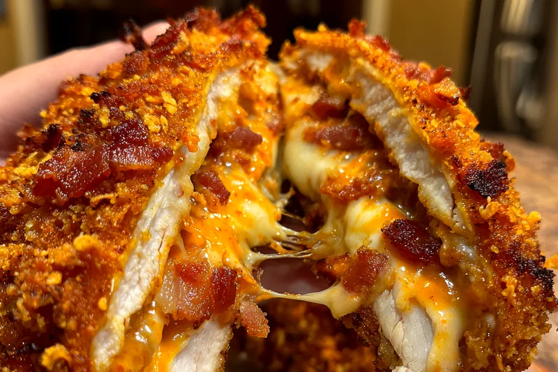 A step-by-step visual of the cooking process for Stuffed Doritos Chicken Delight, showing frying and plating.