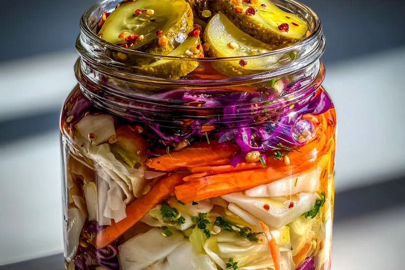Fresh ingredients for Tangy Pickle Veggie Slaw