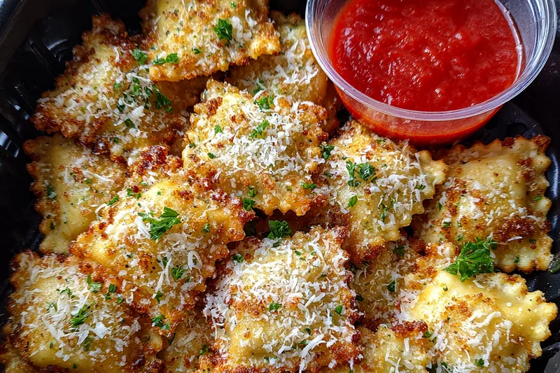 Frying crispy toasted ravioli bites in a skillet until golden brown.